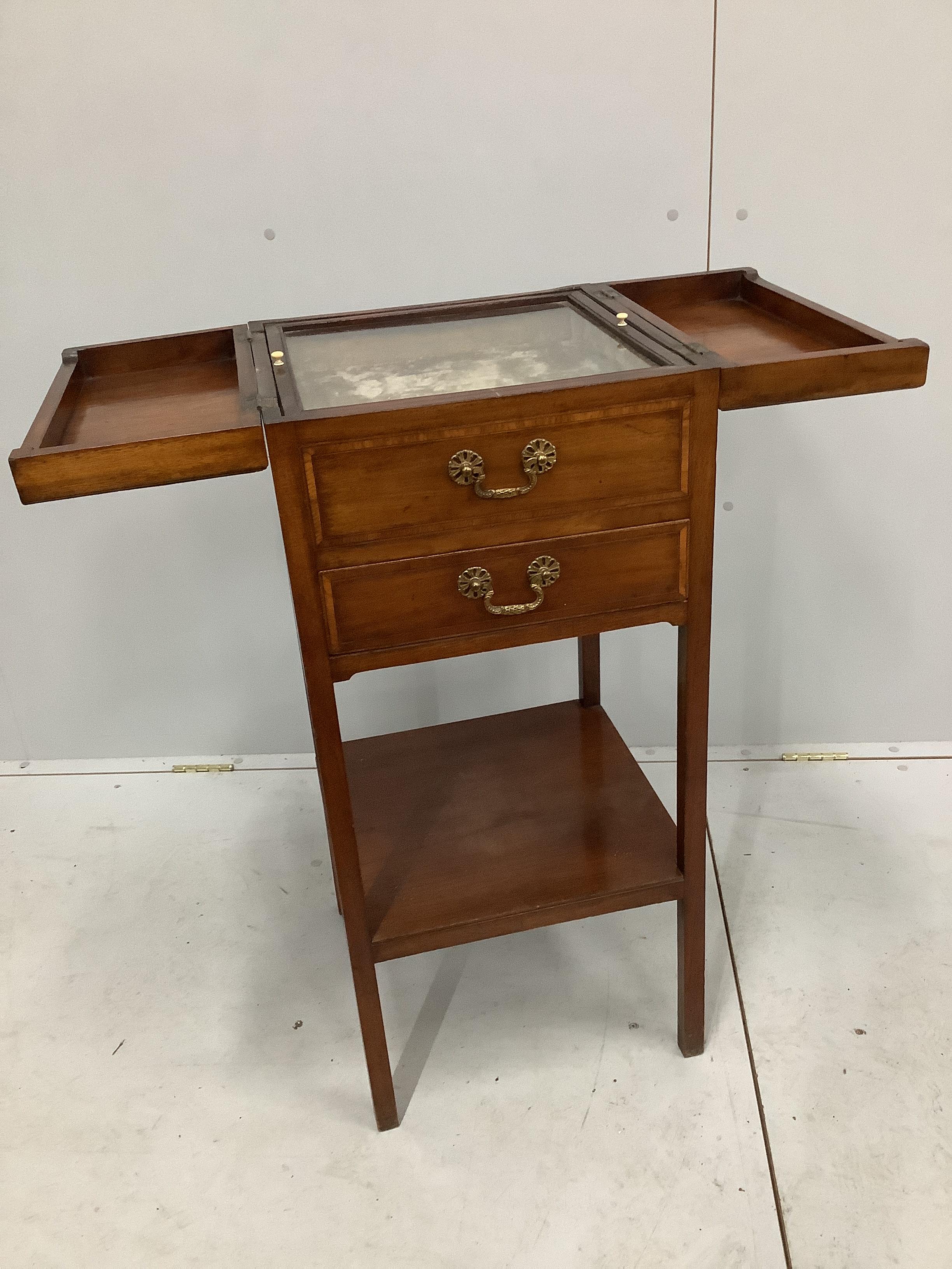 A George III banded mahogany enclosed wash stand converted to a bijouterie table, width 41cm, depth 40cm, height 91cm